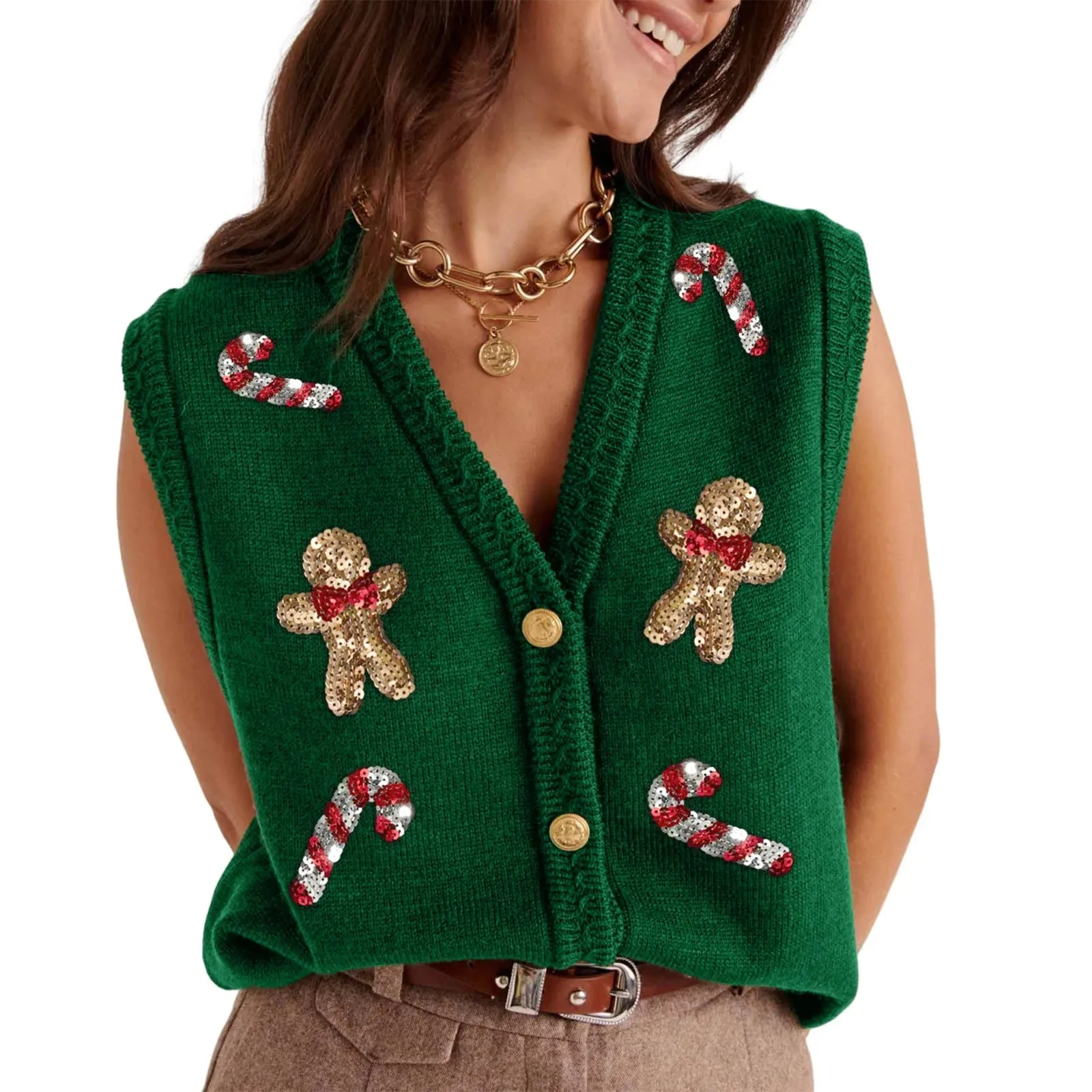 Vevesc Christmas Sequin Gingerbread Man Sweater Vest Button Down Open Front Candy Cane Party Casual Knit Cardigan Tank Top for Women