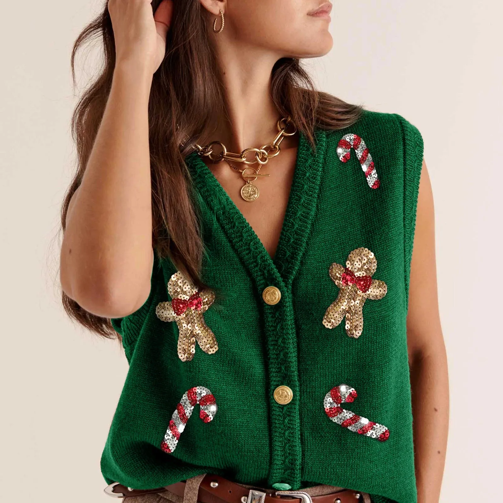 Vevesc Christmas Sequin Gingerbread Man Sweater Vest Button Down Open Front Candy Cane Party Casual Knit Cardigan Tank Top for Women