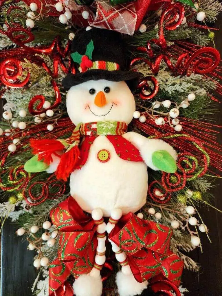 Whimsical festive Christmas holiday snowman swag wreath, door hanger, wall decor, Christmas decor, winter swag wreath, holiday decoration