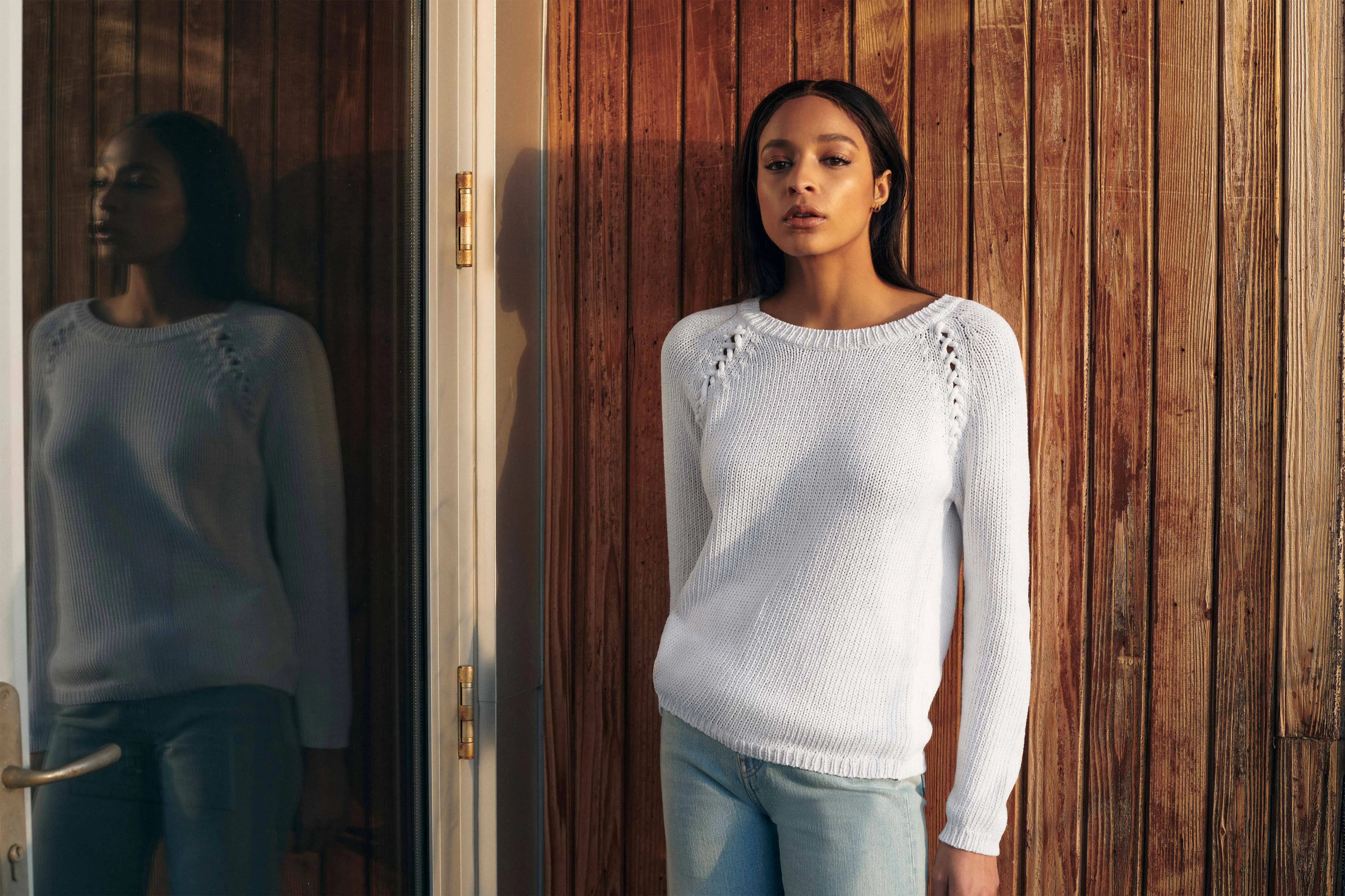 White   Warren - Recycled Cotton Laced Detail Crewneck Sweater in White