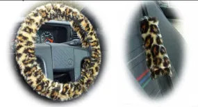 Wild Leopard print fuzzy Car Steering wheel cover & matching animal print faux fur seatbelt pad set