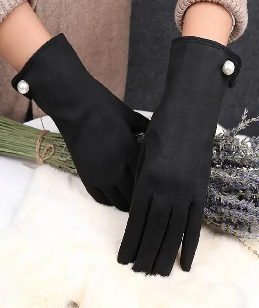 Winter Warm Gloves Women Suede Fleece Elegant Pearl