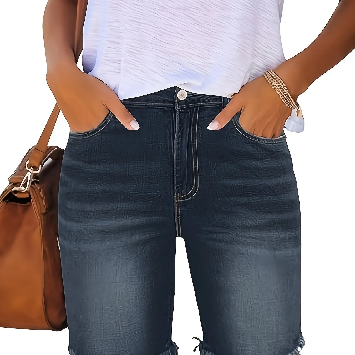 Womens Bermuda Shorts - Ultra-Stretchy Denim, Slim-Fit Design, Trendy Frayed Hem - Perfect for Spring and Summer, Stylish Washed Jean Shorts for Ladies