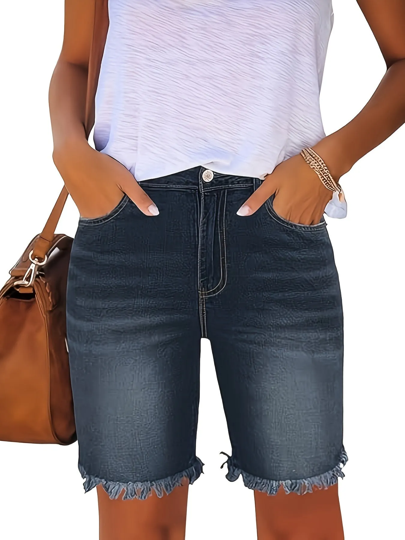 Womens Bermuda Shorts - Ultra-Stretchy Denim, Slim-Fit Design, Trendy Frayed Hem - Perfect for Spring and Summer, Stylish Washed Jean Shorts for Ladies