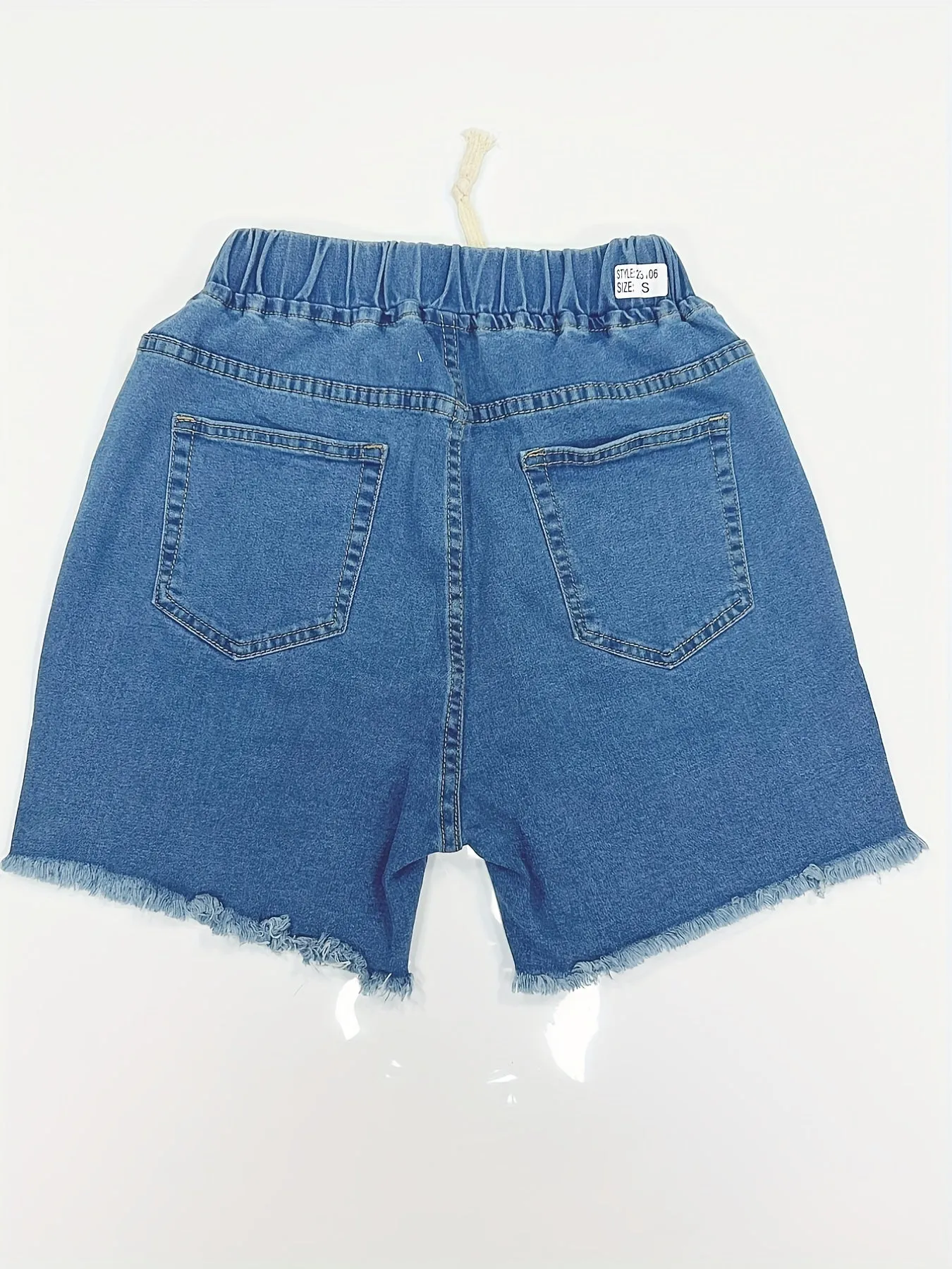 Womens Blue Denim Shorts - Comfortable Elastic Waistband with Adjustable Drawstring - Ultra-Stretch, Frayed Hem for Trendy Casual Style - High-Quality Jeans & Clothing Essential