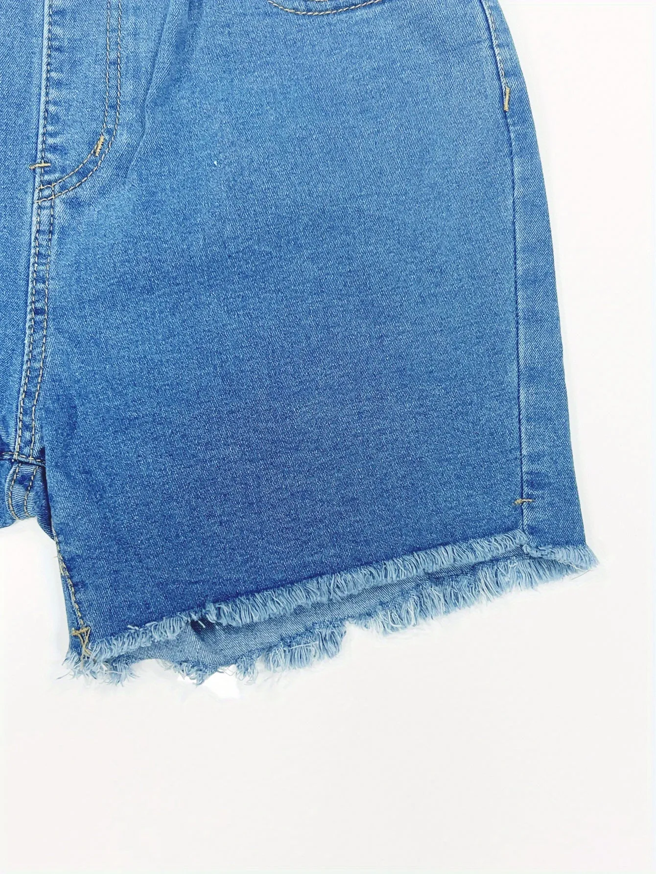 Womens Blue Denim Shorts - Comfortable Elastic Waistband with Adjustable Drawstring - Ultra-Stretch, Frayed Hem for Trendy Casual Style - High-Quality Jeans & Clothing Essential