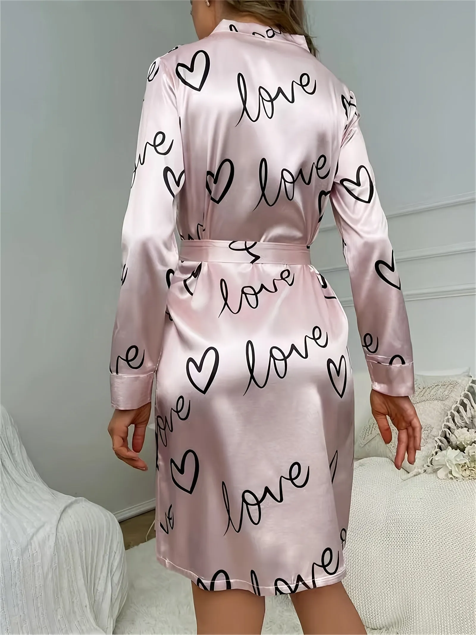 Womens Soft Satin Robe - Ultra-Casual Long Sleeve Silky Lounge Bathrobe with Adjustable Waist Tie, Adorable Heart Pattern for Sleepwear and Relaxation