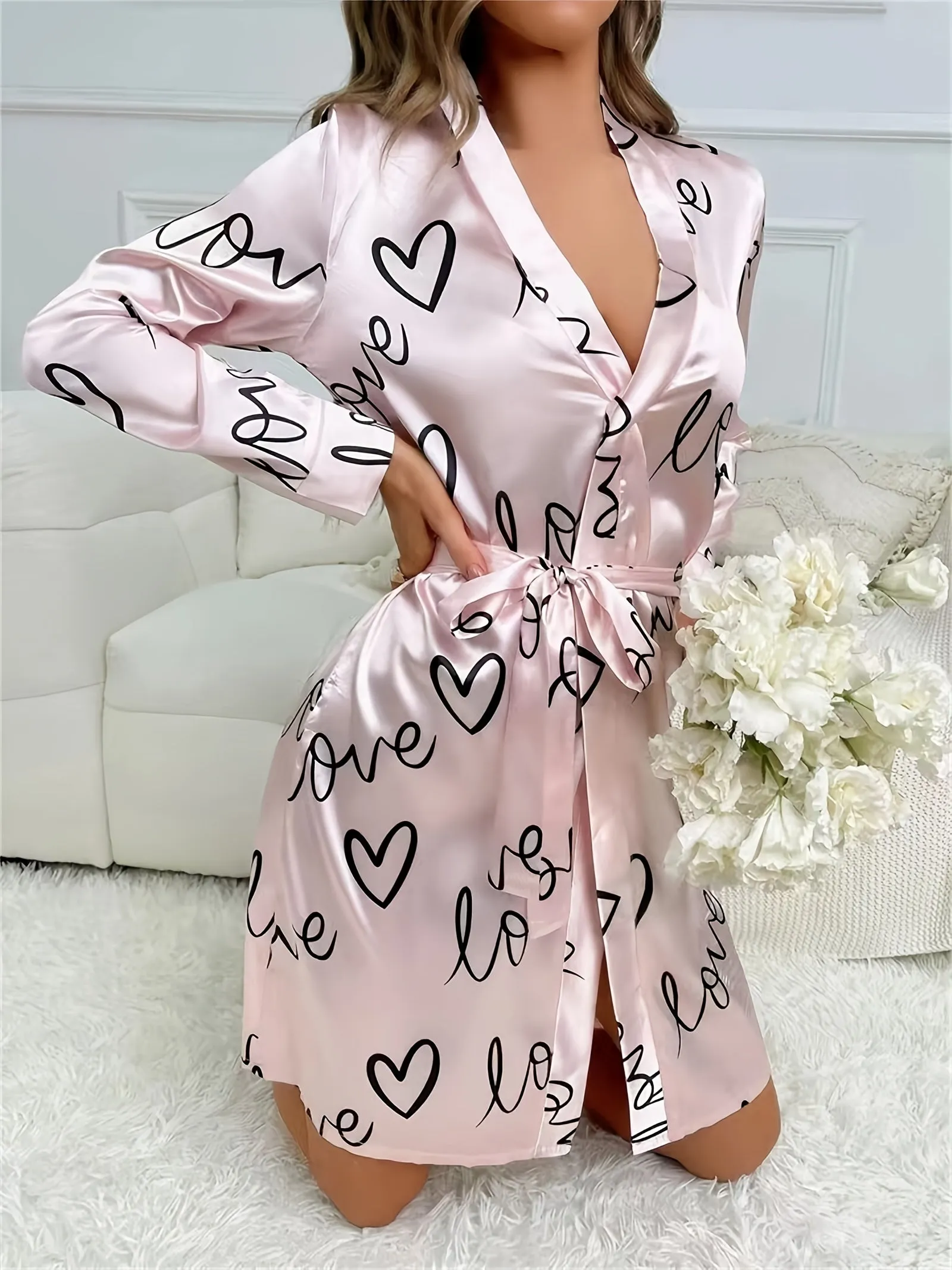 Womens Soft Satin Robe - Ultra-Casual Long Sleeve Silky Lounge Bathrobe with Adjustable Waist Tie, Adorable Heart Pattern for Sleepwear and Relaxation