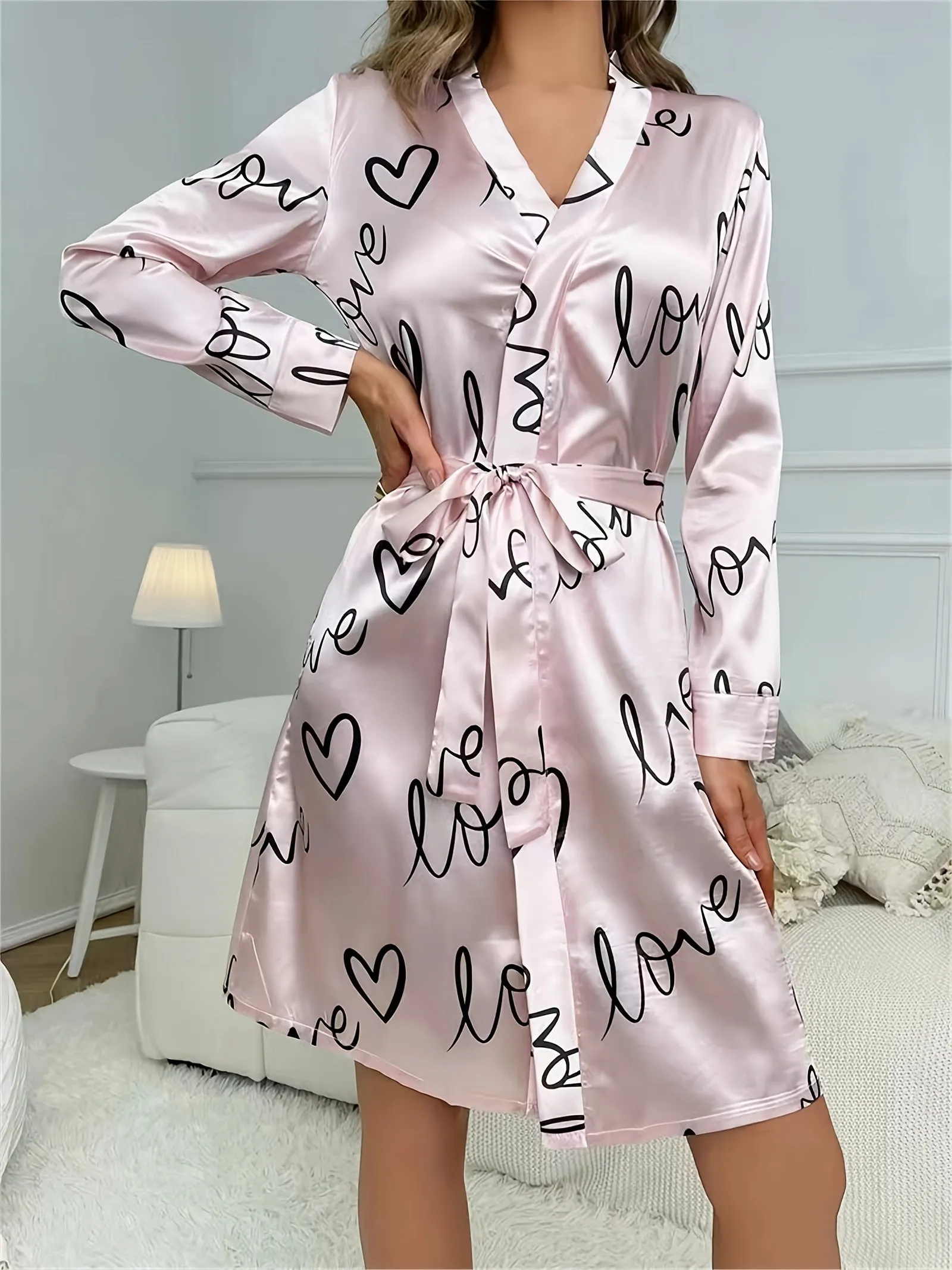 Womens Soft Satin Robe - Ultra-Casual Long Sleeve Silky Lounge Bathrobe with Adjustable Waist Tie, Adorable Heart Pattern for Sleepwear and Relaxation