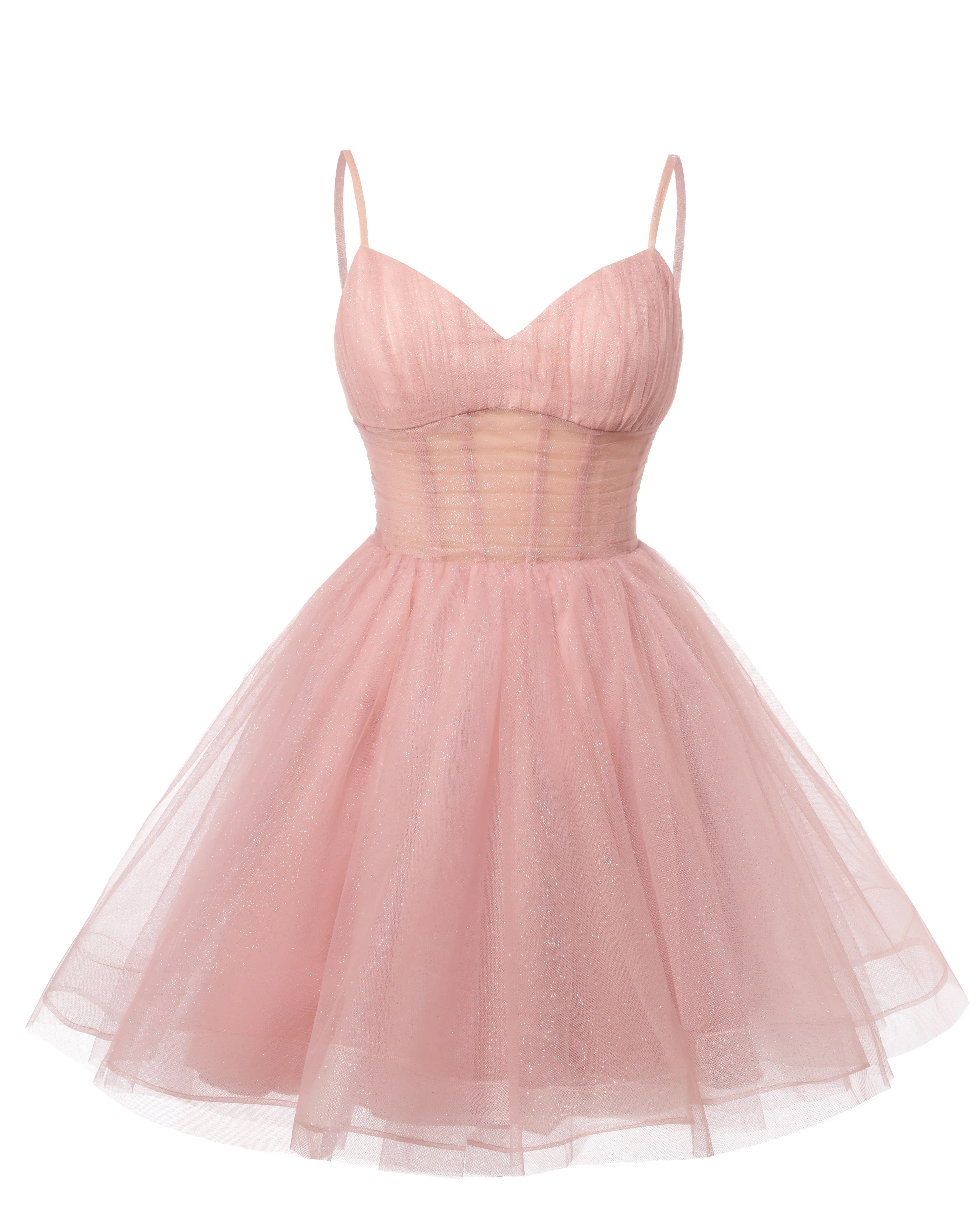 Women's V Neck Tulle Spaghetti Straps Pink Homecoming Dresses with Corset Back Short Prom Gowns for Teens