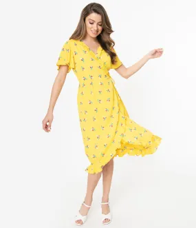 Yellow Floral Bouquet Print Jenny Wrap Dress