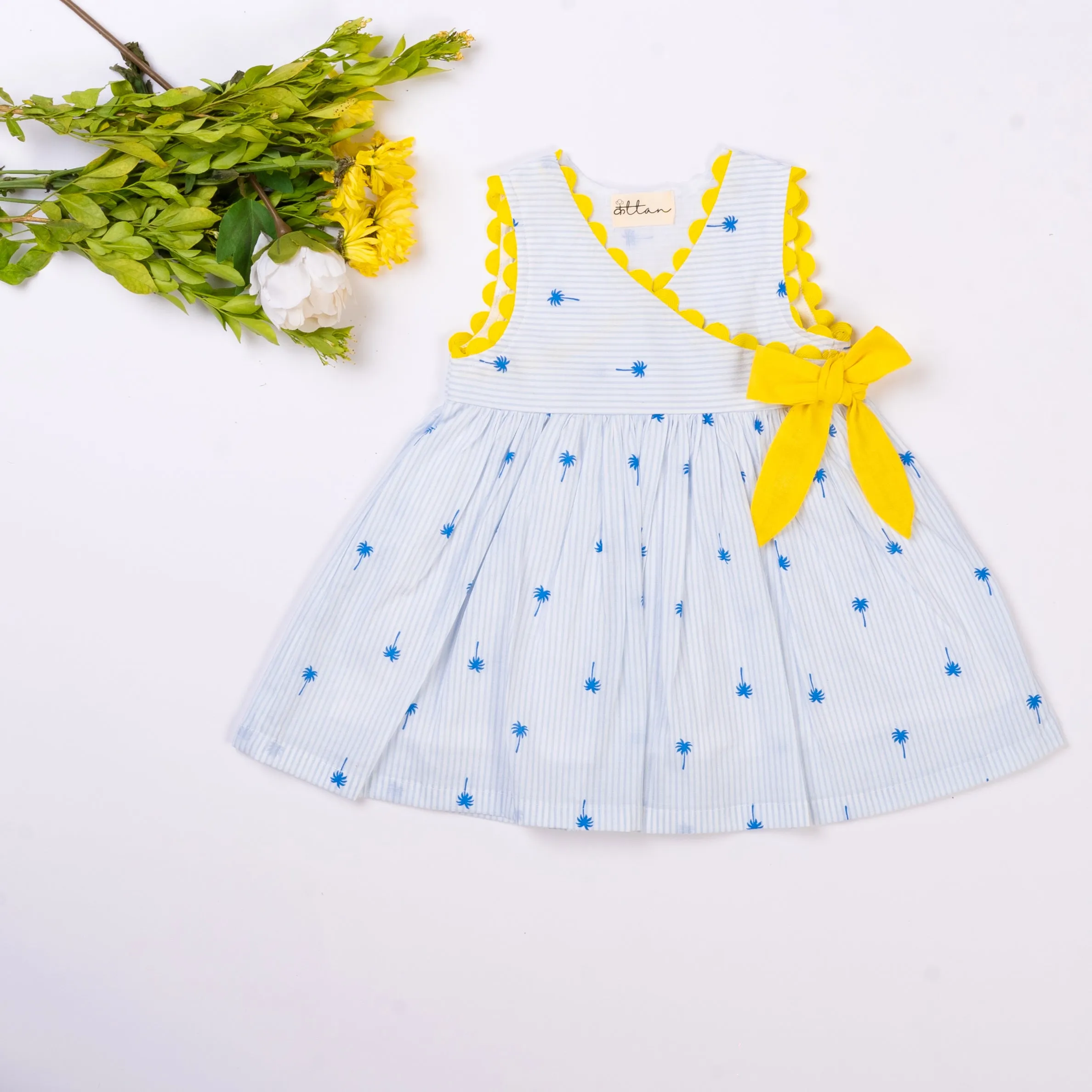 Yellow Side Bow Palm Print Holiday Dress